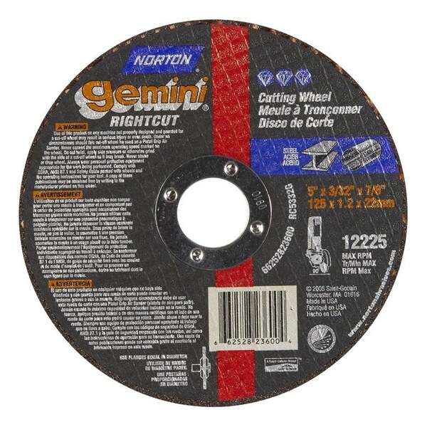Norton Co Right Angle Cut-Off Blade Type 1 Metal-Gemini Aluminum Oxide, 5 x 3/32 x 7/8, Max RPM: 12225 662528-23600 - main